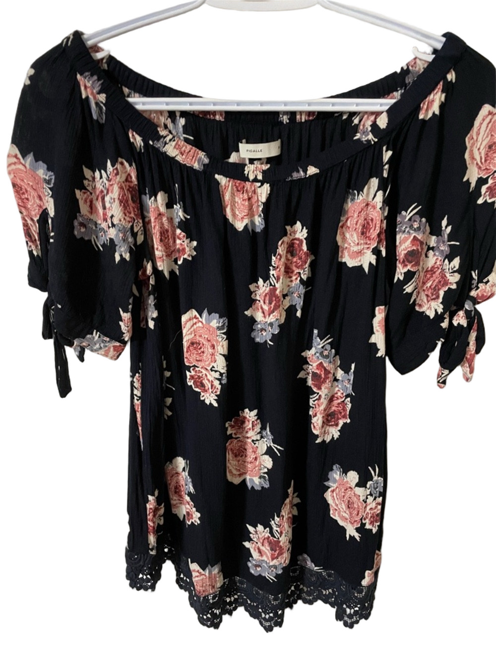 Pigalle Off-Shoulder Black Floral Top with Lace Hem Size 38